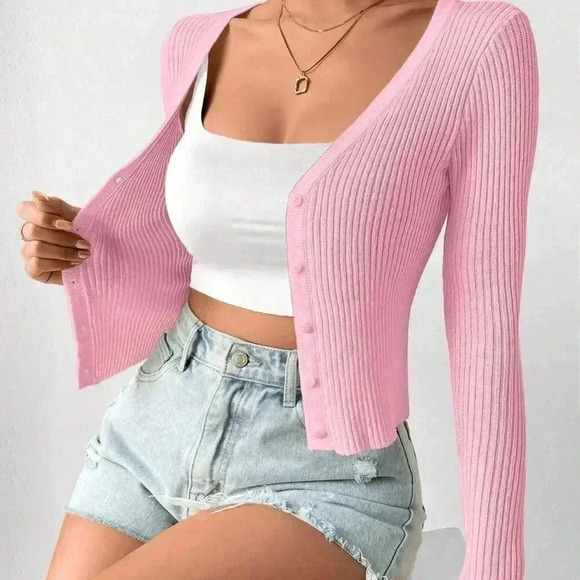 Pink Casual Women's Slim Solid Color Rib Knit Cardigan - Picture 3 of 7